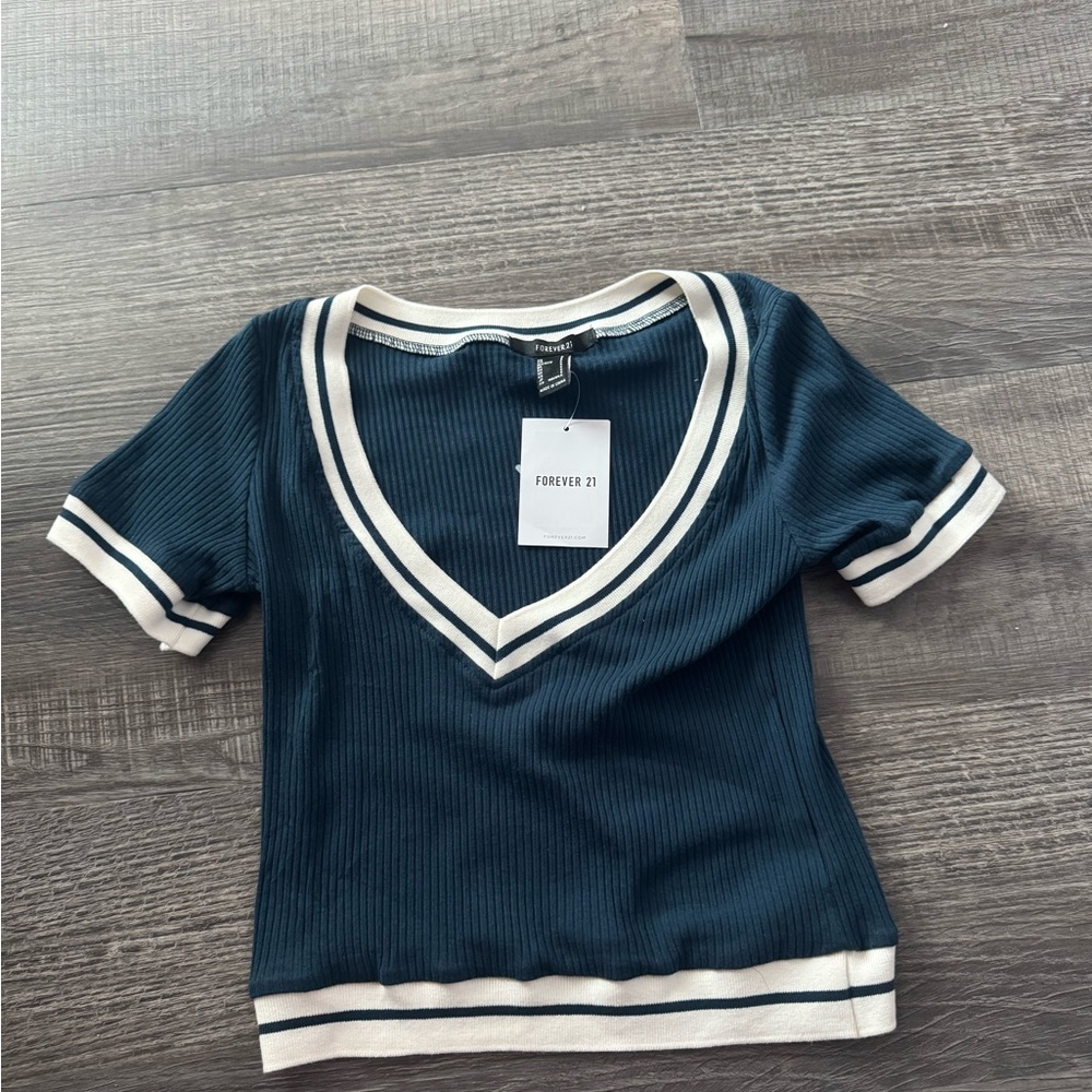 Forever 21 Navy and White V-Neck Top